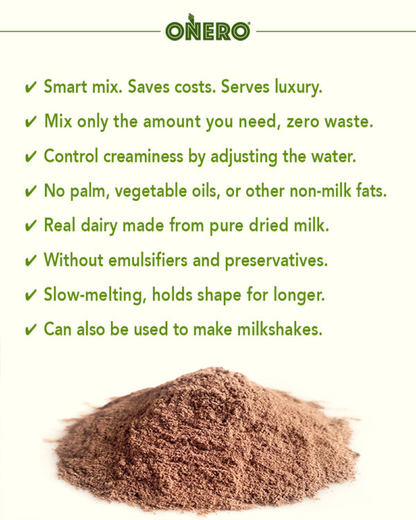 Onero® promotional graphic showing a mound of soft-serve mix powder with text listing key benefits: cost-saving, zero waste, adjustable creaminess, no palm or vegetable oils, made with real dried milk, free from emulsifiers and preservatives, slow-melting, and also suitable for milkshakes.
