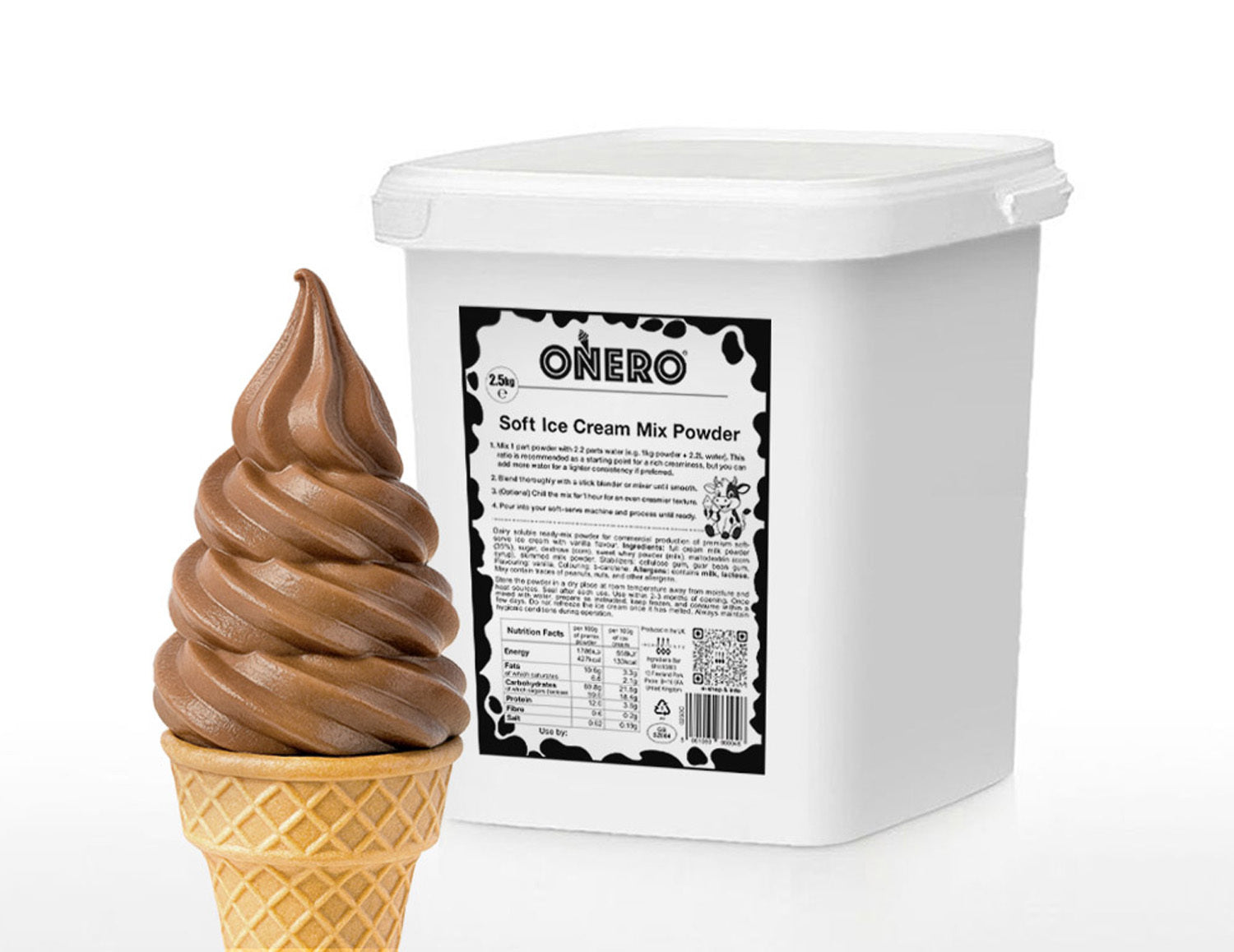 White 2.5kg tub of Onero® Soft Ice Cream Mix Powder with label, shown next to a chocolate soft-serve ice cream cone in a wafer cone.