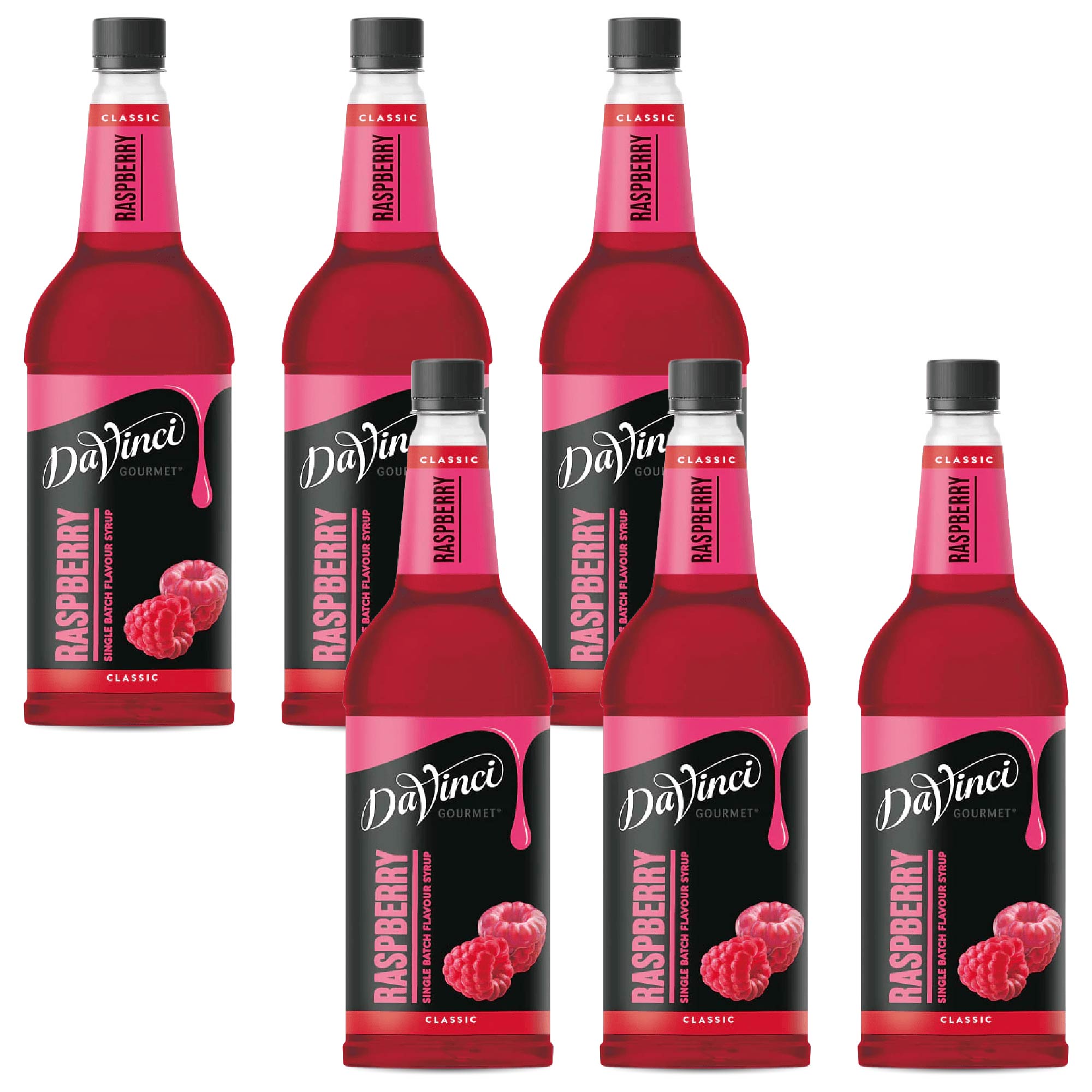 Image of six DaVinci Gourmet Classic Raspberry Syrup bottles arranged in two rows. Each bottle contains bright red syrup with a black and pink label featuring the DaVinci logo and images of fresh raspberries, highlighting the raspberry flavor.