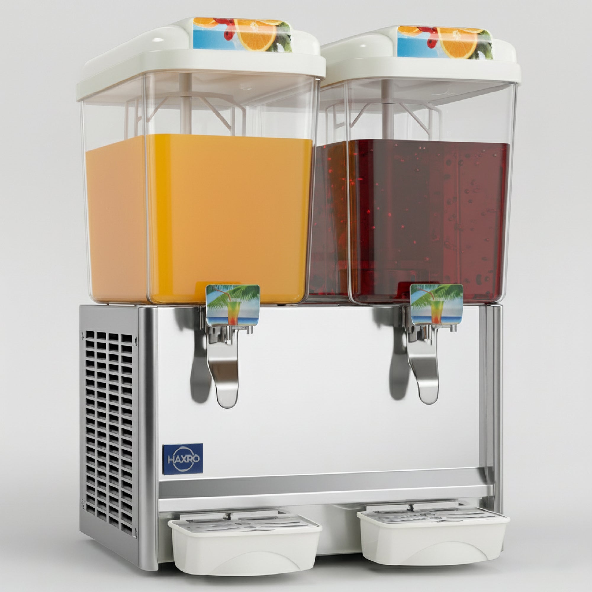 Dual-tank beverage dispenser filled with orange and red drinks.