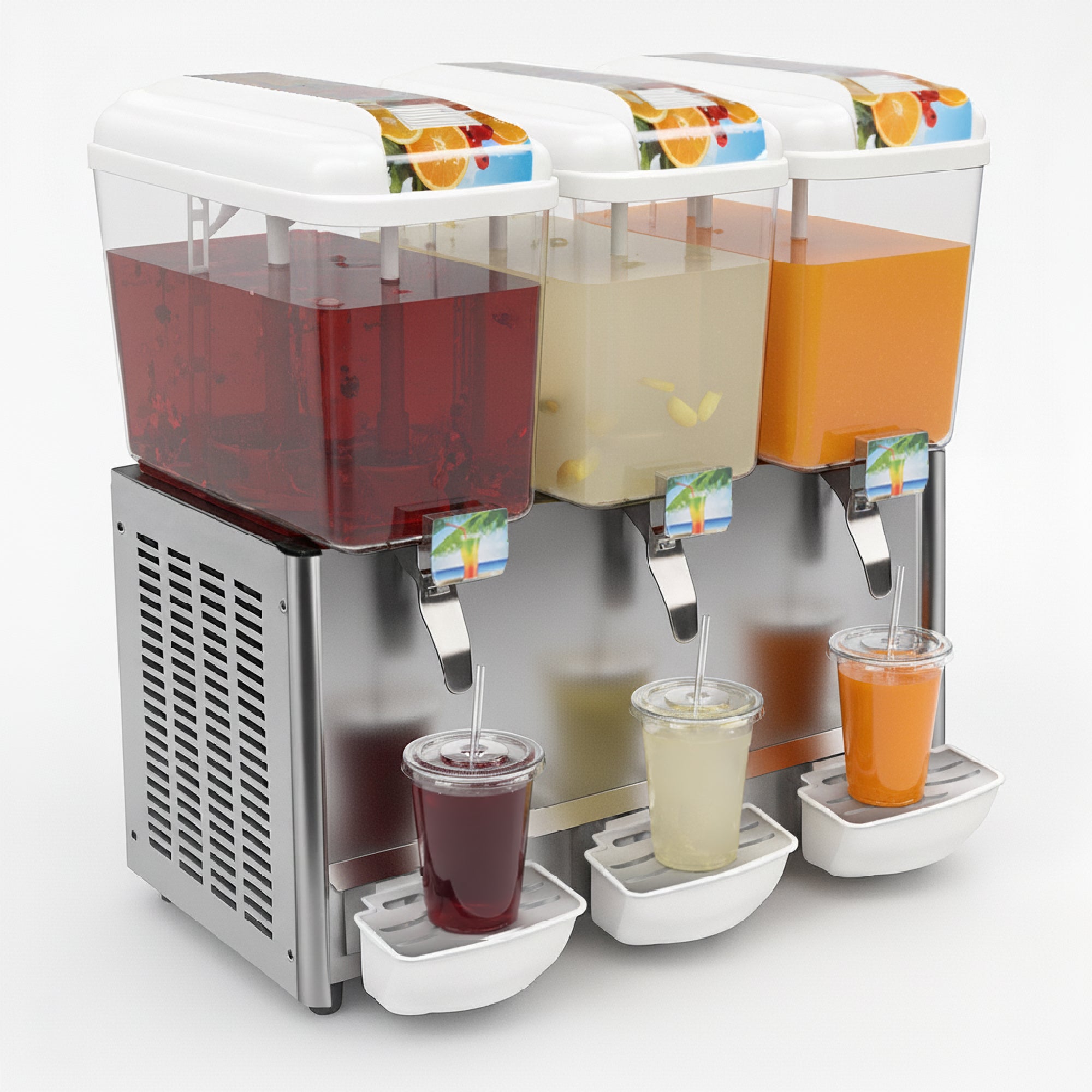 A stainless steel triple beverage dispenser with three transparent containers filled with red, yellow, and orange drinks, each dispensing into plastic cups with straws.