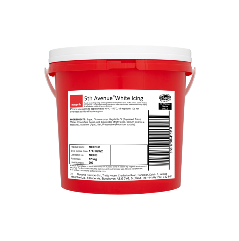 Tub of 5th Avenue White Icing with a smooth, glossy finish, ideal for topping doughnuts, cakes, and pastries; quick-setting, crack-resistant, and suitable for vegans.