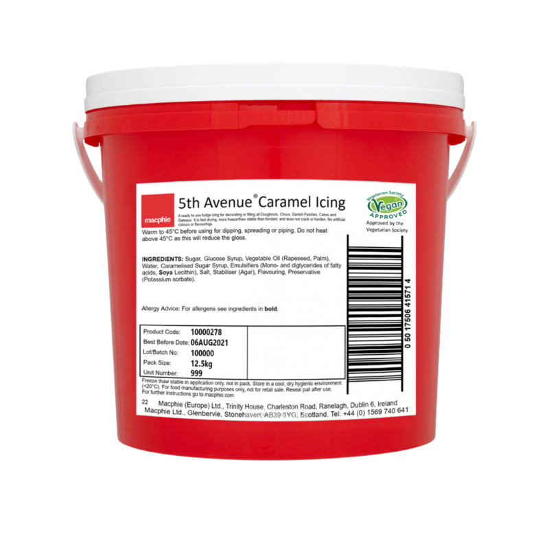 Tub of 5th Avenue Caramel Icing with a smooth, glossy fudge texture, ideal for topping doughnuts, cakes, muffins, and pastries with a rich caramel flavour.