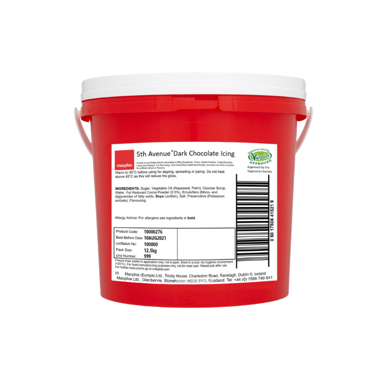 Tub of 5th Avenue Dark Chocolate Icing with a smooth, rich fudge texture, ideal for topping doughnuts, cakes, muffins, and pastries.