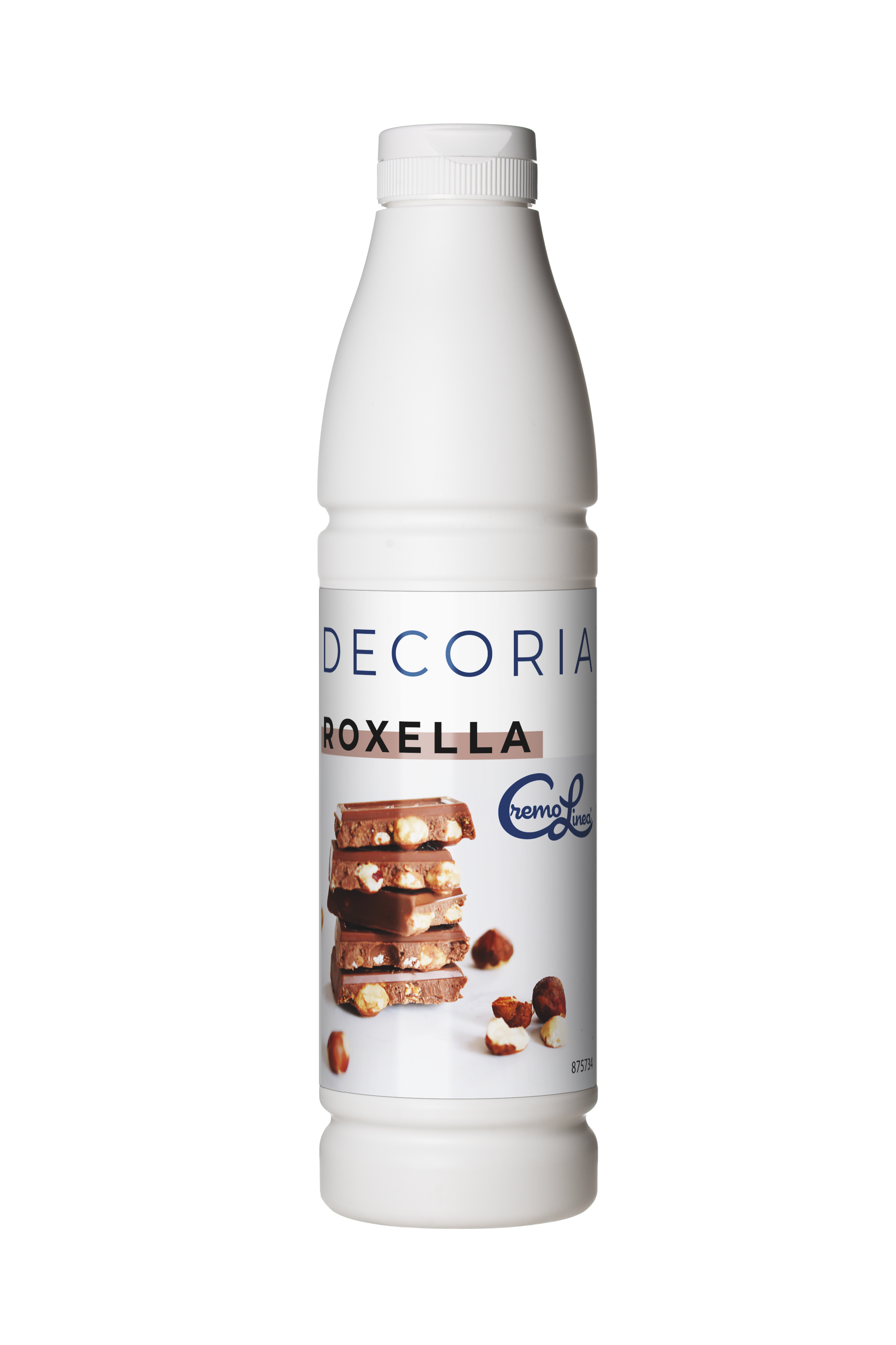 Close-up of a white bottle labeled "Decoria Roxella" featuring stacked chocolate bars with hazelnuts on the label, isolated on a white background.