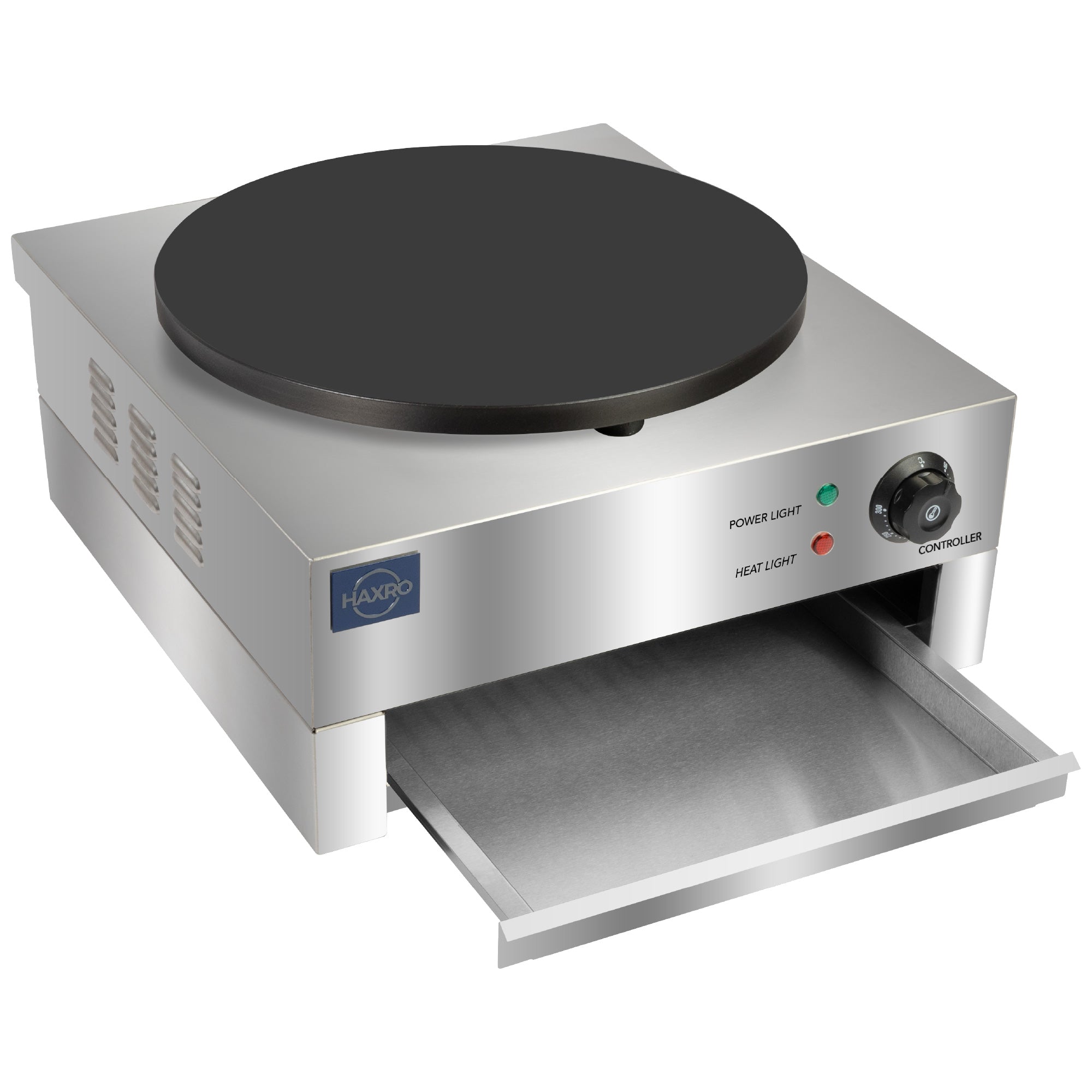 Haxro stainless steel crepe maker with the warming drawer pulled open, showing the underside compartment.