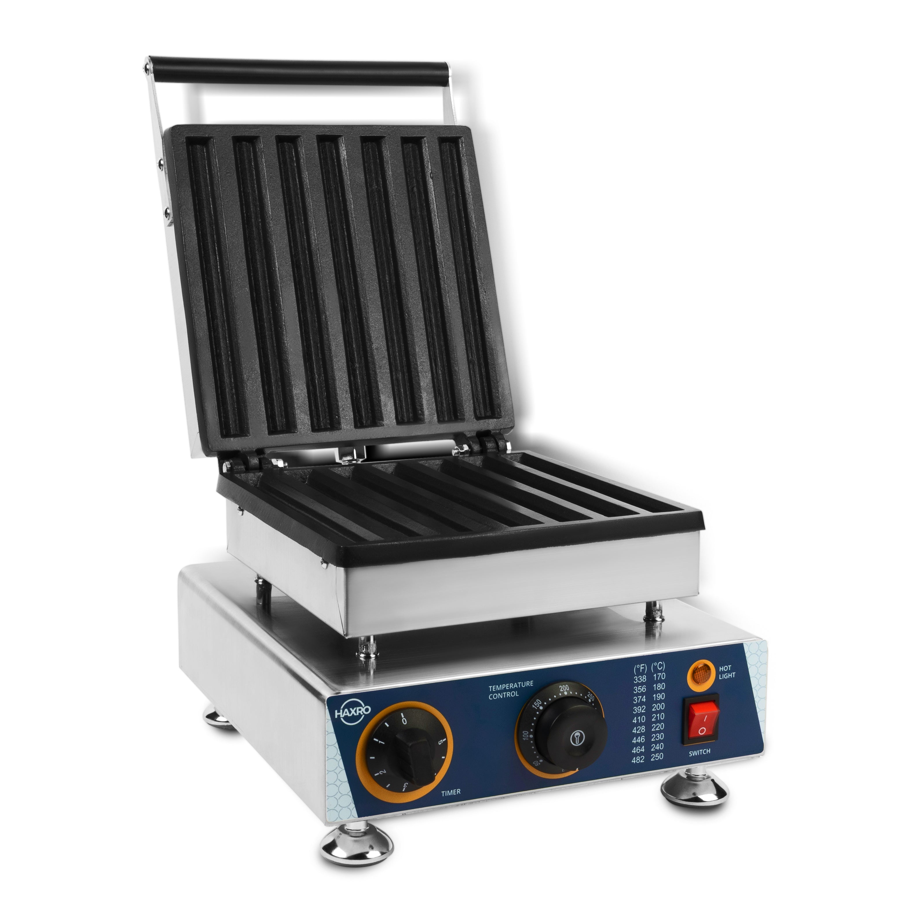 Side angle of HAXRO Churro Maker with open top, designed to bake 7 churros at once.