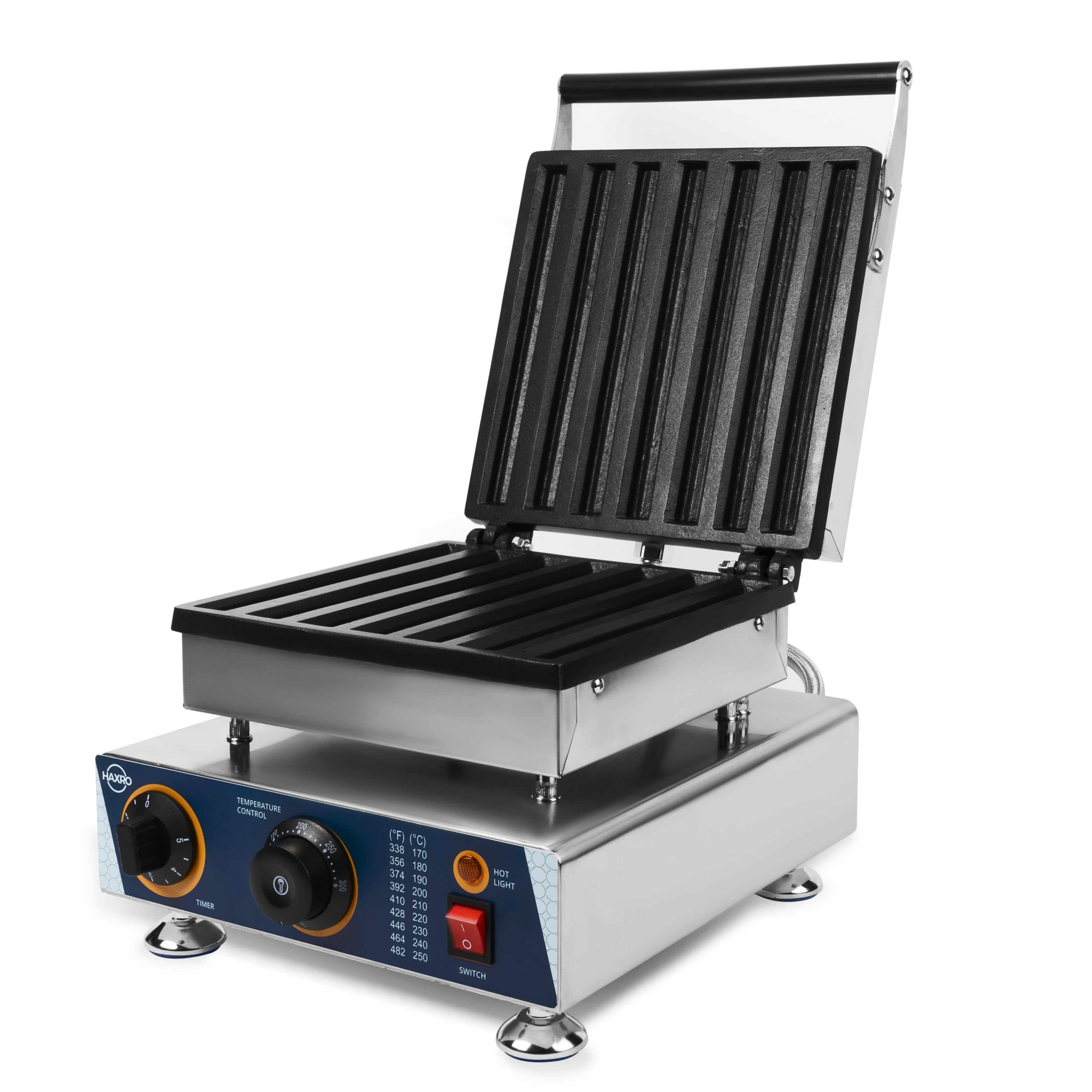 Angled side view of HAXRO Churro Maker with open lid and visible churro slots.