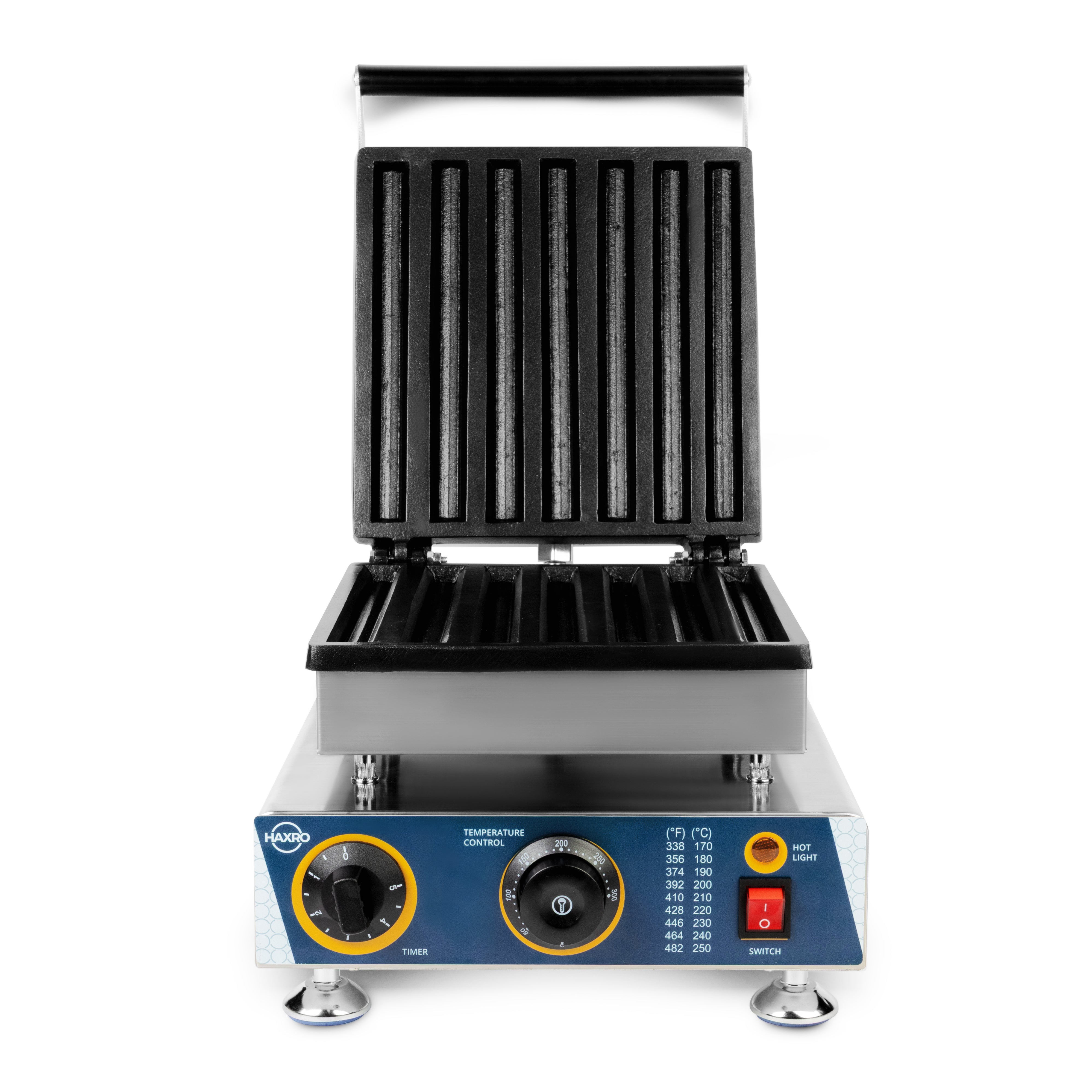 Front view of HAXRO Churro Maker with open lid showing non-stick plates and control panel.