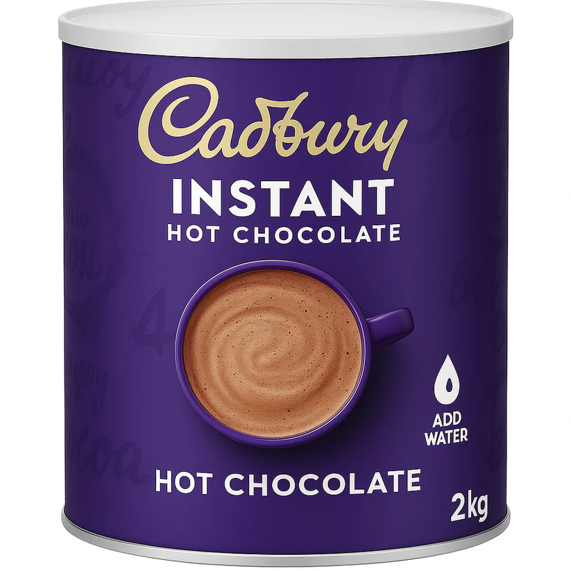 Cadbury Instant Hot Chocolate 2kg catering tub, easy-to-make hot chocolate mix with real cocoa powder, designed for use with hot water only ideal for cafés, vending machines, and large-scale catering.