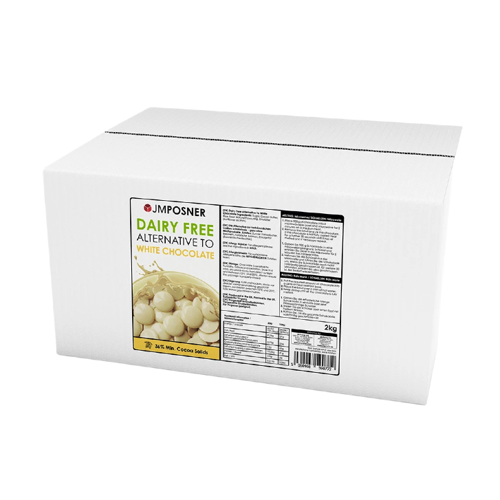 A bag of JM Posner’s vegan white chocolate buttons, labeled as dairy-free, gluten-free, soya-free, and made with Rainforest Alliance-certified chocolate.