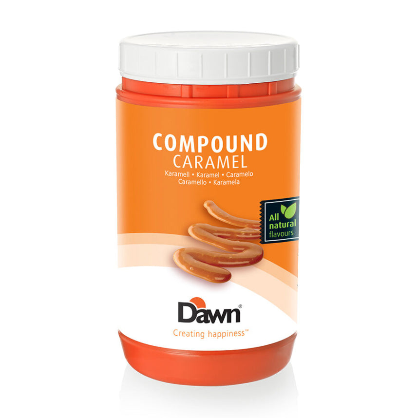 Jar of Dawn Foods Caramel Flavouring Compound, a rich amber-coloured paste used for adding natural caramel flavour to bakery and dessert recipes.