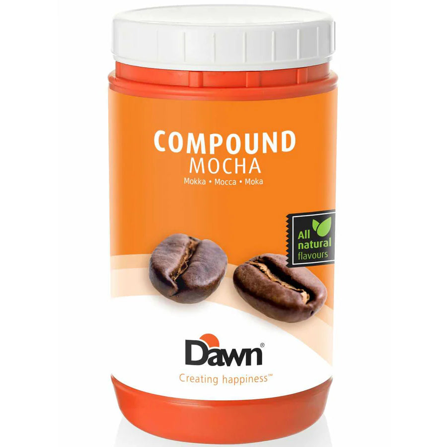 Container of mocha-flavoured compound paste, dark brown in colour, used for flavouring whipped creams, bakery fillings, chocolate, milk drinks, and yoghurts.