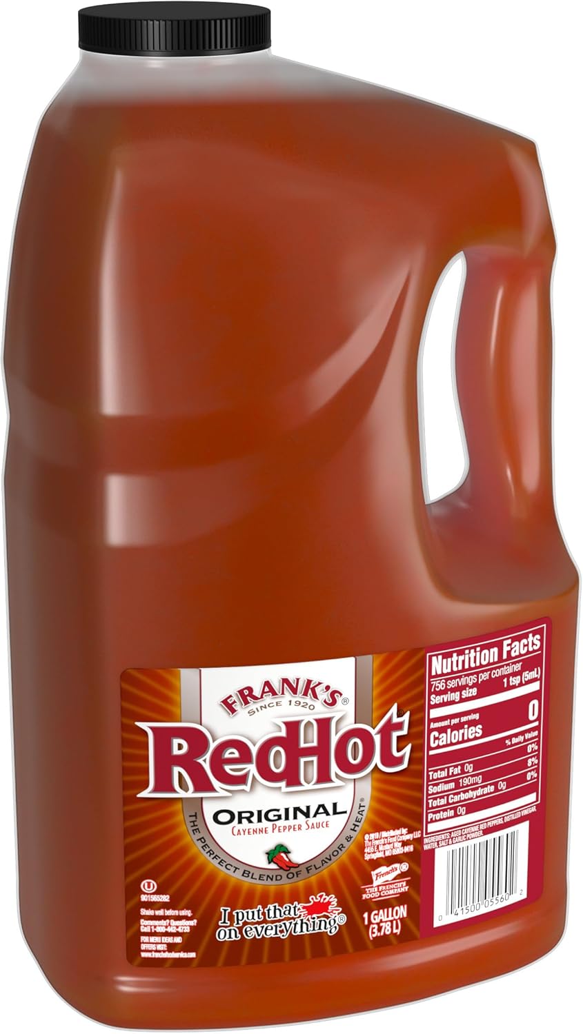 A 3.78L gallon jug of Frank’s RedHot Original Cayenne Pepper Sauce with bold red and yellow branding. The label highlights its use of aged cayenne peppers and versatile application for wings, burgers, burritos, and more.