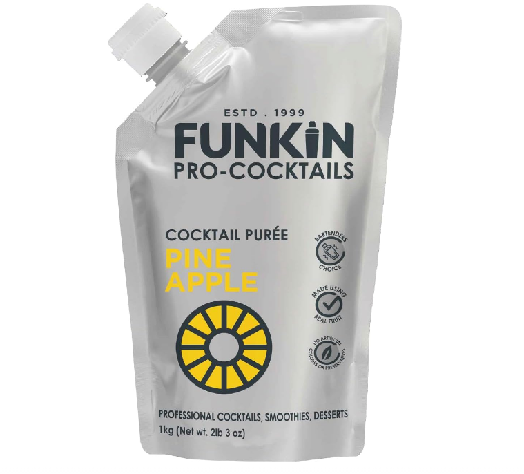 Pouch of Funkin Pineapple Purée, made from Cayenne pineapples sourced from Ghana and the Ivory Coast—smooth, ready-to-use tropical purée ideal for cocktails and desserts.
