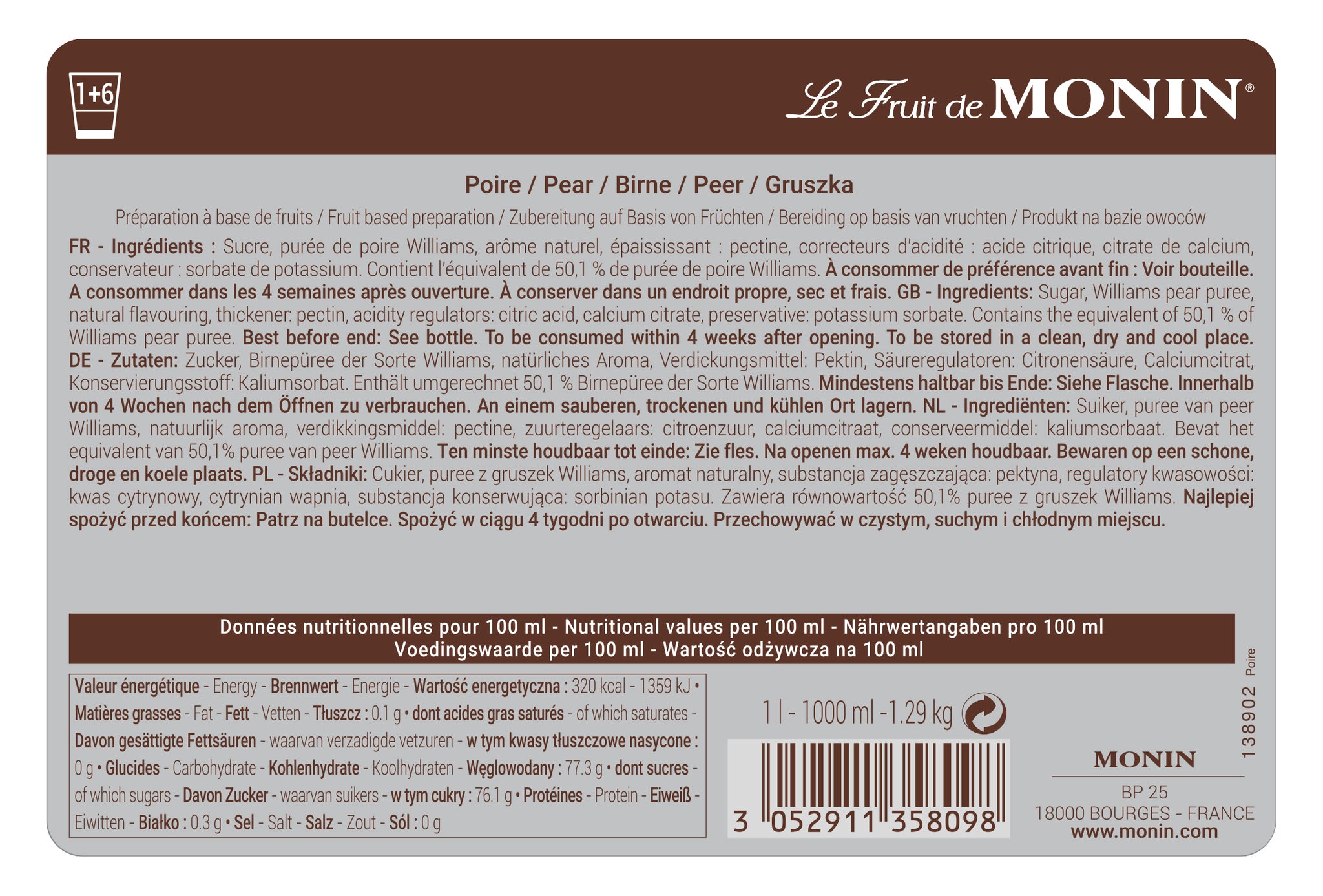 Monin Pear Puree Syrup 1ltr