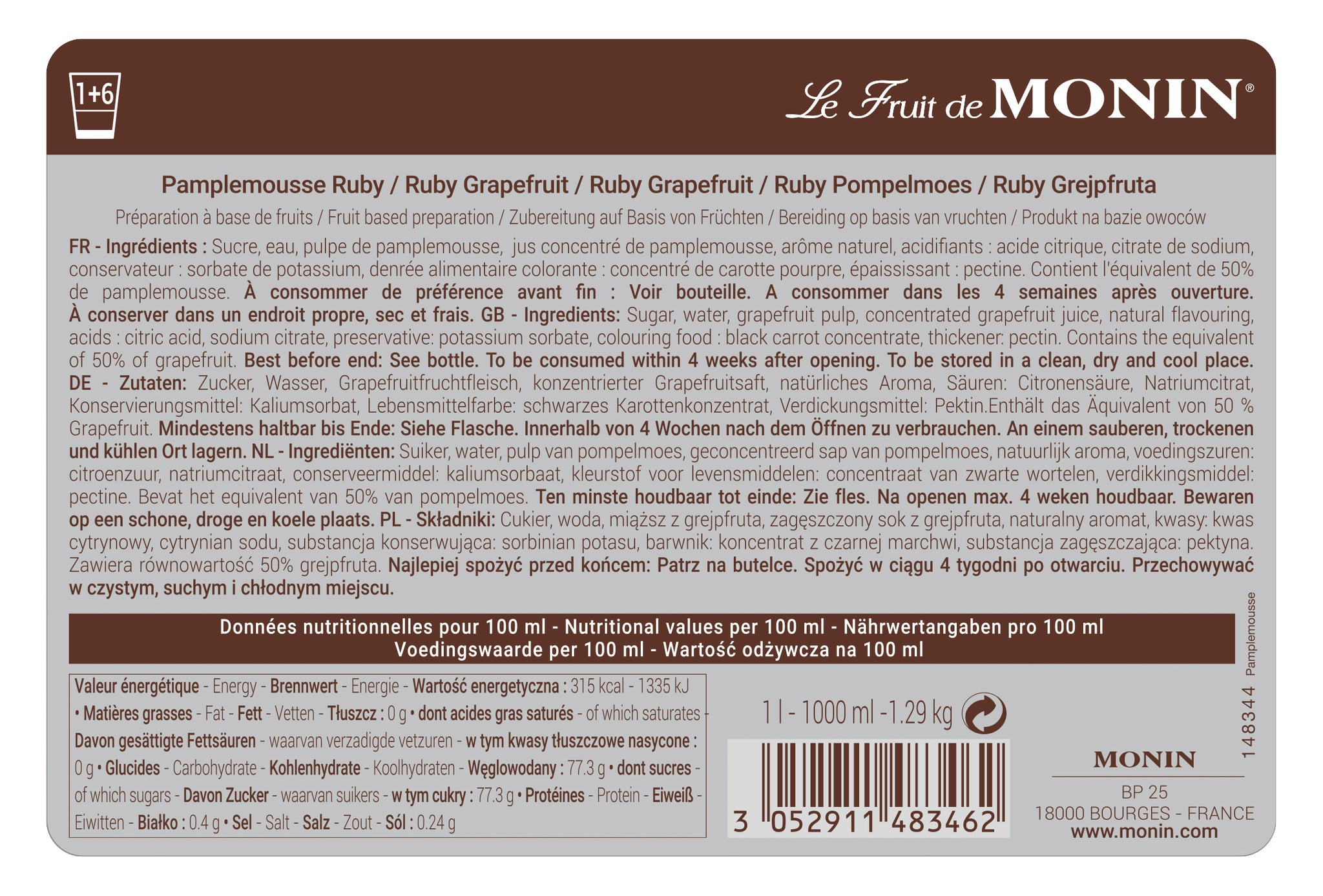 Monin Ruby Grapefruit Puree Syrup 1ltr