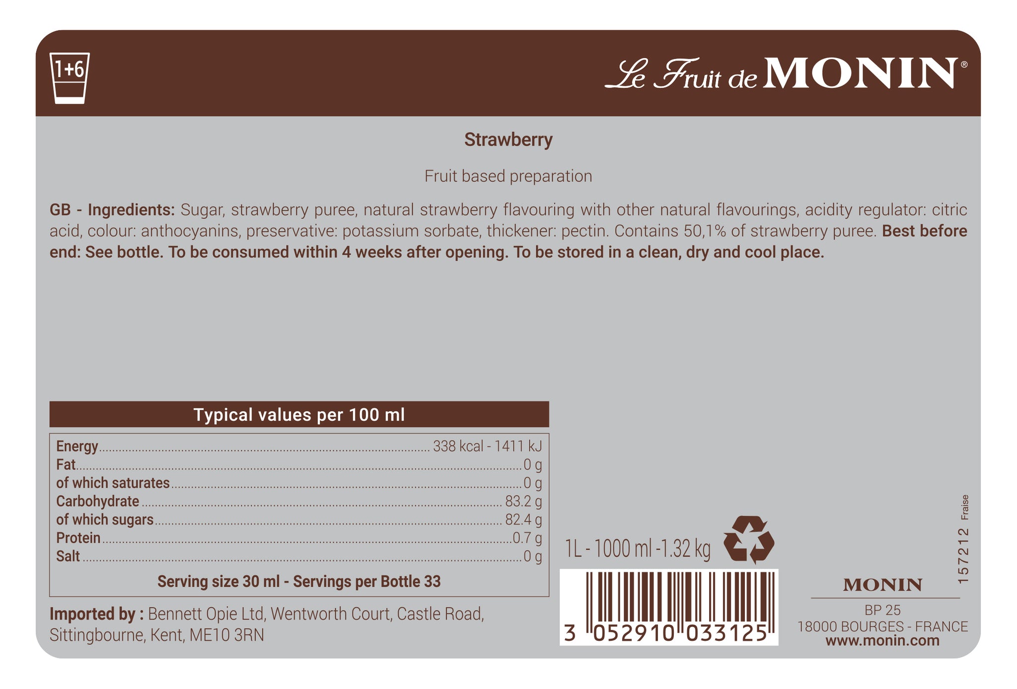 Monin Strawberry Puree Syrup 1ltr