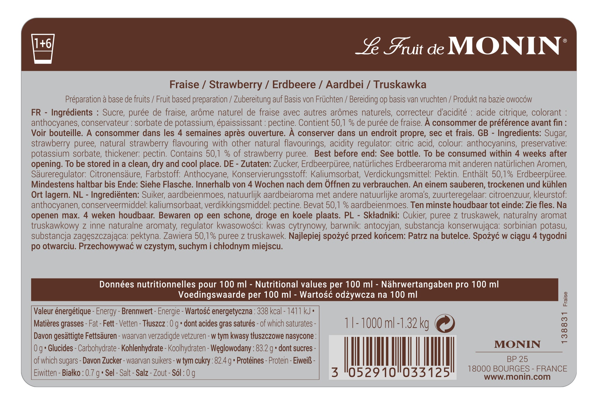 Monin Strawberry Puree Syrup 1ltr