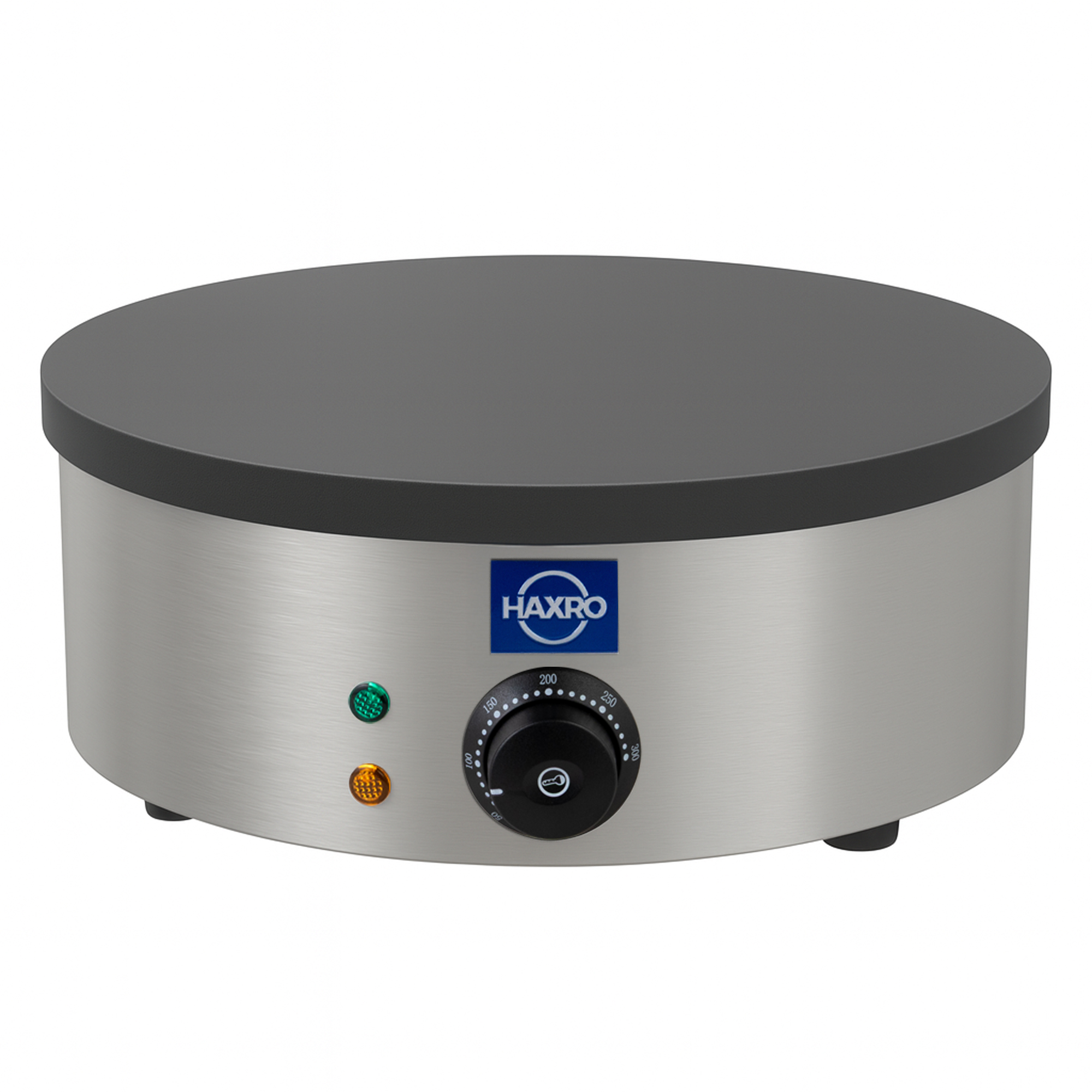 Stainless steel Haxro Single Crepe Maker with black cooking plate, control knob, and indicator lights.