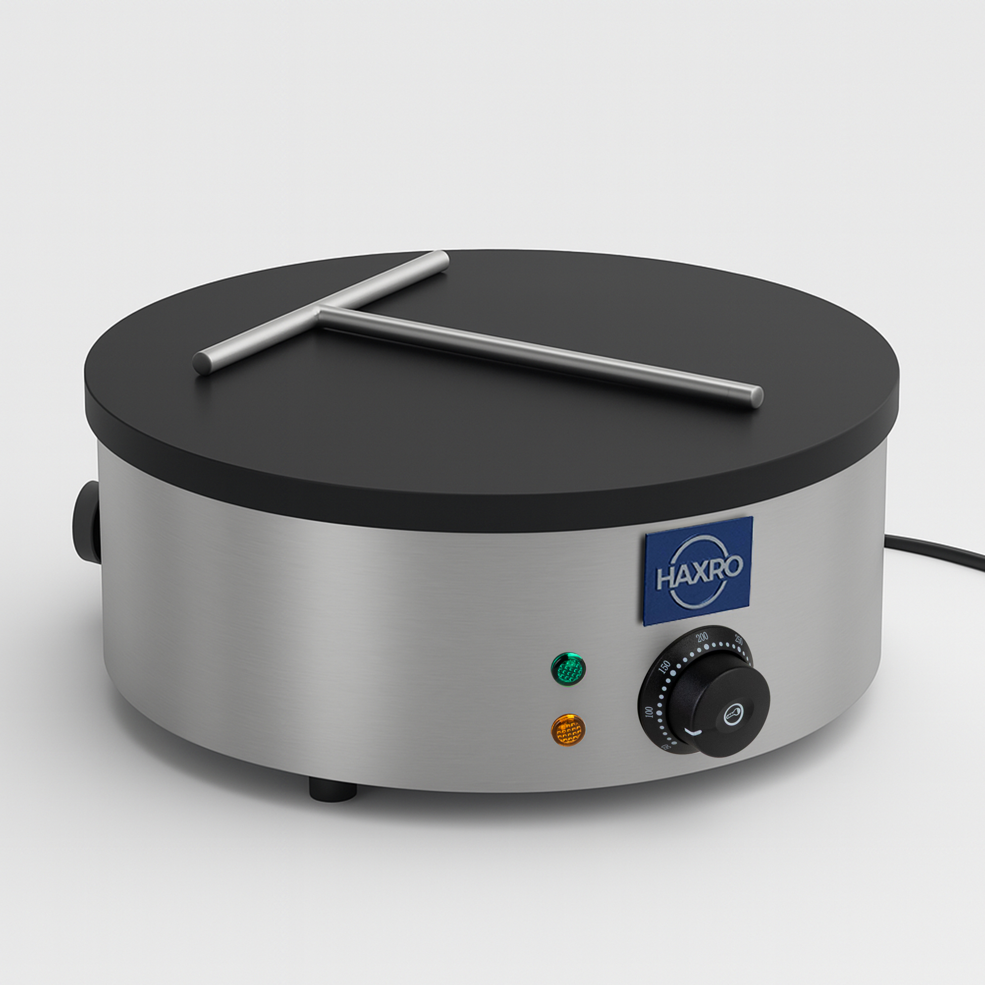 Haxro Single Crepe Maker displayed with stainless steel T-shaped crepe spreader on top.