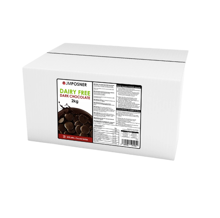 A 2kg bag of JM Posner Dairy-Free Vegan Dark Chocolate Buttons, labeled as suitable for vegans and ideal for couverture, featuring premium, ethically sourced dark chocolate with a rich and smooth texture.