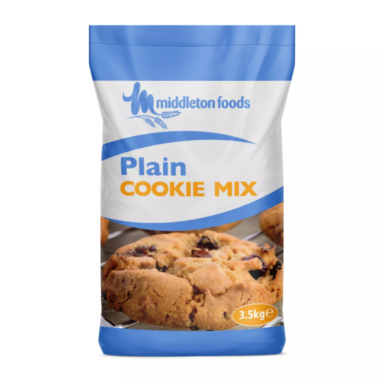 3.5kg catering-size bag of Middletons Cookie Mix, designed for professional baking. The packaging features clear labeling and is ideal for producing large batches of classic cookies in commercial kitchens or bakeries.