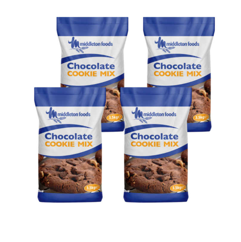 Chocolate cookie mix package featuring rich, cocoa-based cookies on display—some chewy, some crisp—with optional mini marshmallows shown as a suggested add-in for an extra indulgent treat.