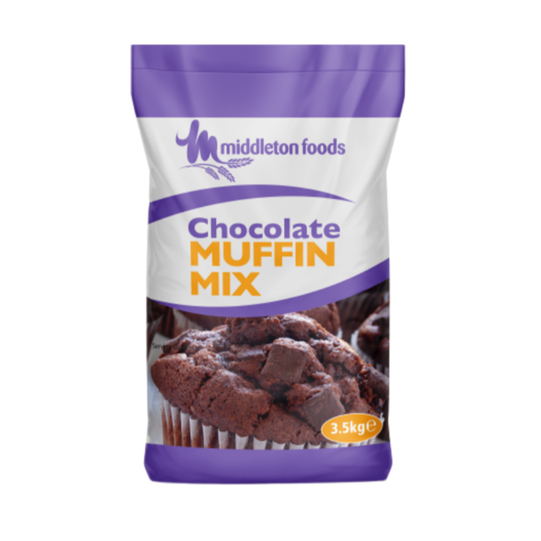 Package of chocolate muffin mix displayed alongside freshly baked, moist chocolate muffins, with some featuring mandarin slices on top for a fruity twist—highlighting the rich cocoa flavor and soft texture.