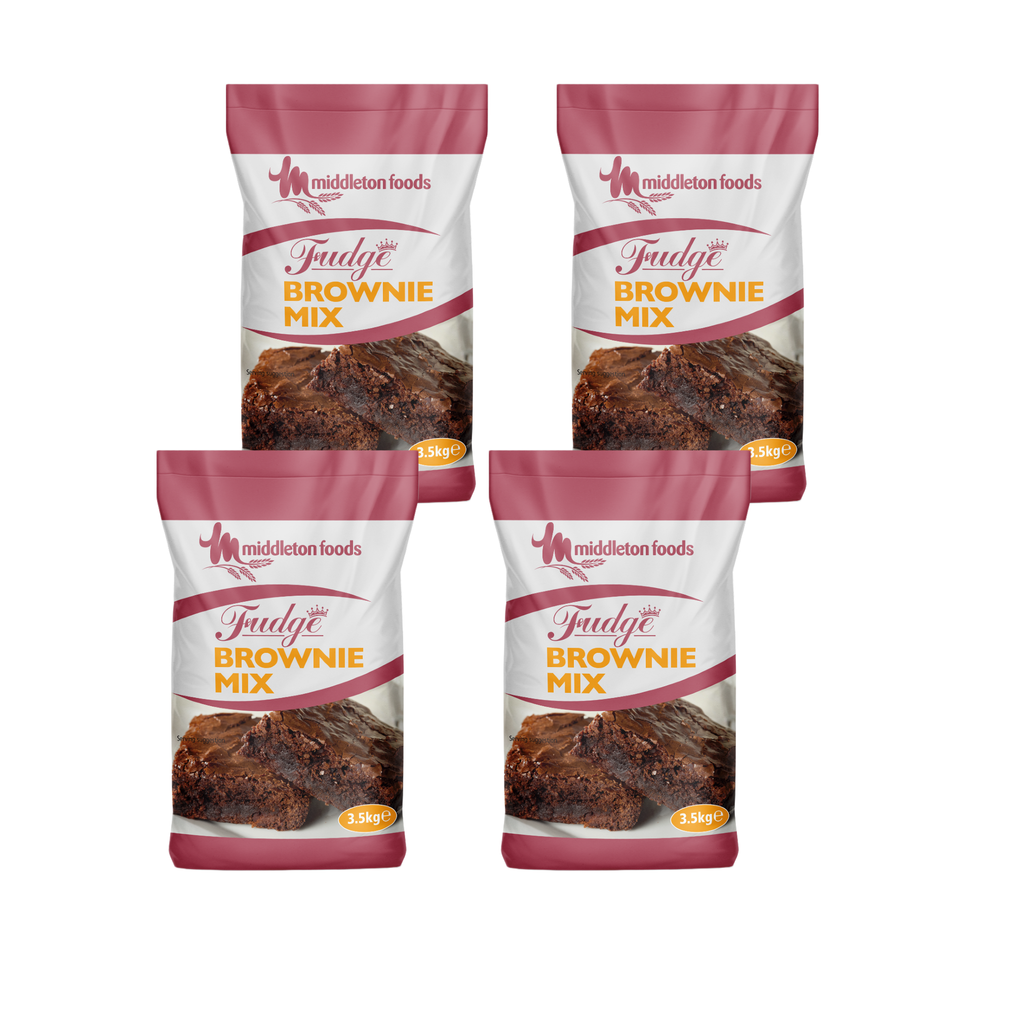 Package of fudge brownie mix with a rich, baked chocolate brownie shown on the front, highlighting its chewy texture and dark, glossy finishβlabeled as easy to prepare with just water, and customizable with nuts or chocolate chips.