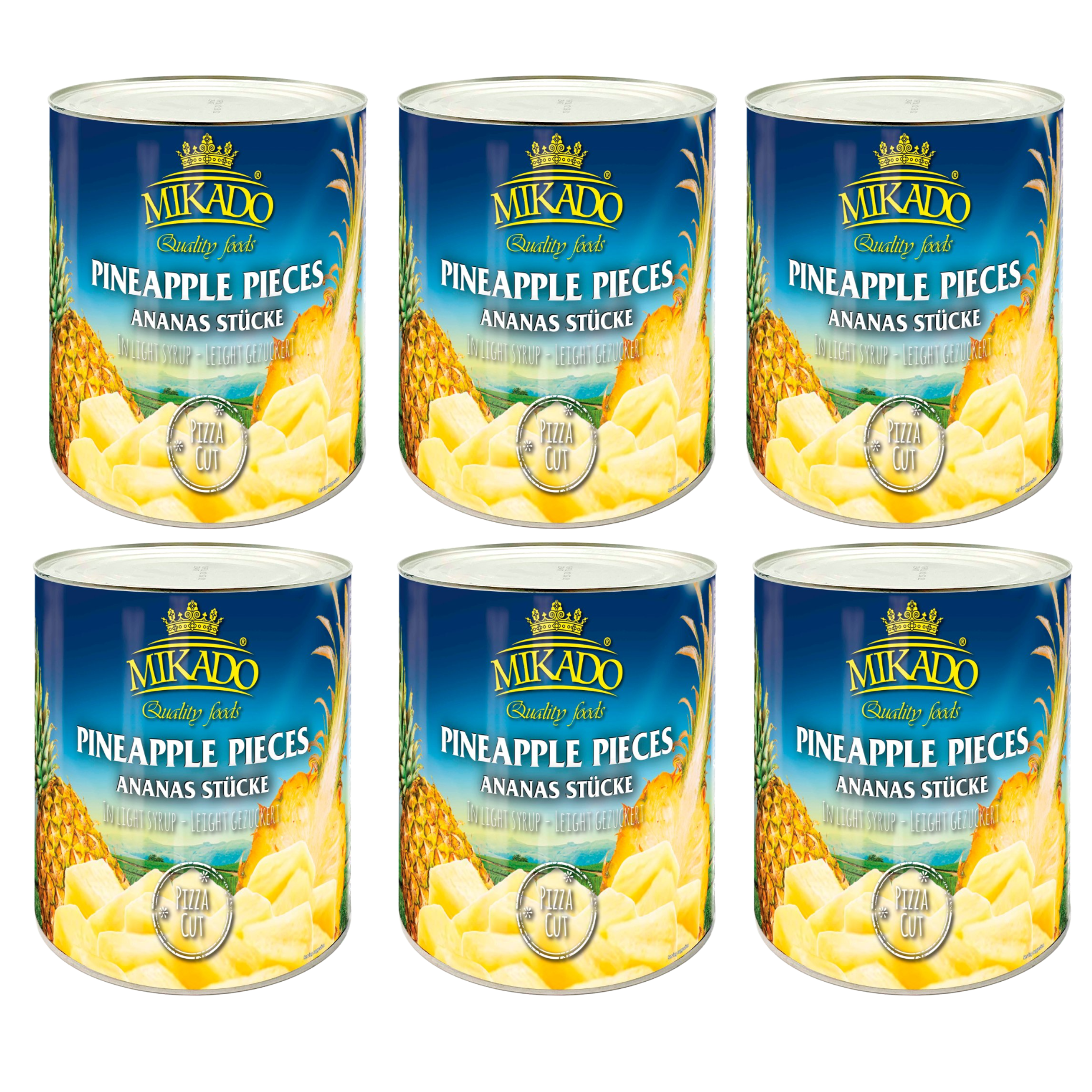 Can of Mikado Pineapple Pieces Pizza Cut in Light Syrup, 3.05kg – showing neatly cut pineapple chunks ideal for topping pizzas.