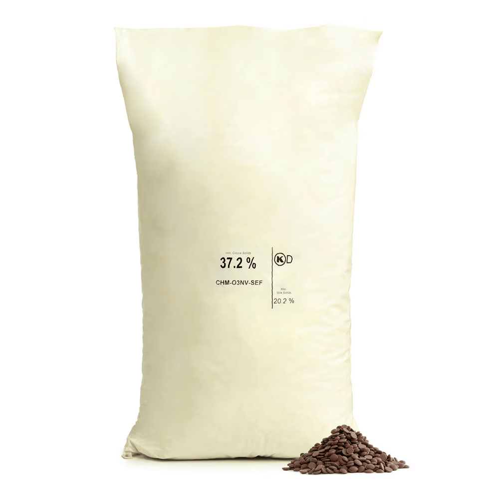 10kg bulk pack of Sephra Belgian Milk Chocolate callets, fountain-ready couverture chocolate ideal for dipping, drizzling, and professional dessert use.