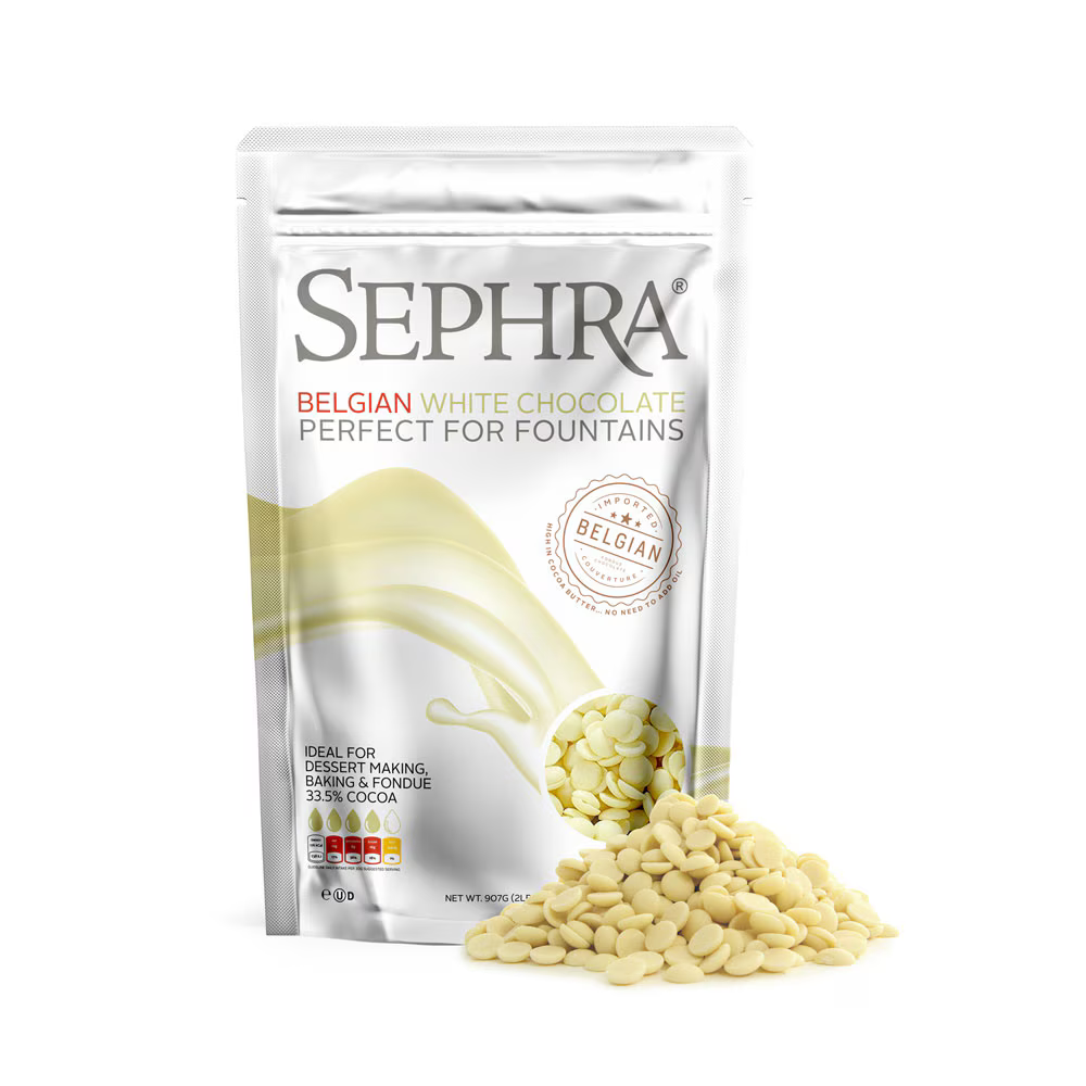 Sephra Belgian White Chocolate 907g bag premium creamy white chocolate for fountains, drizzling, dipping, baking, and desserts.