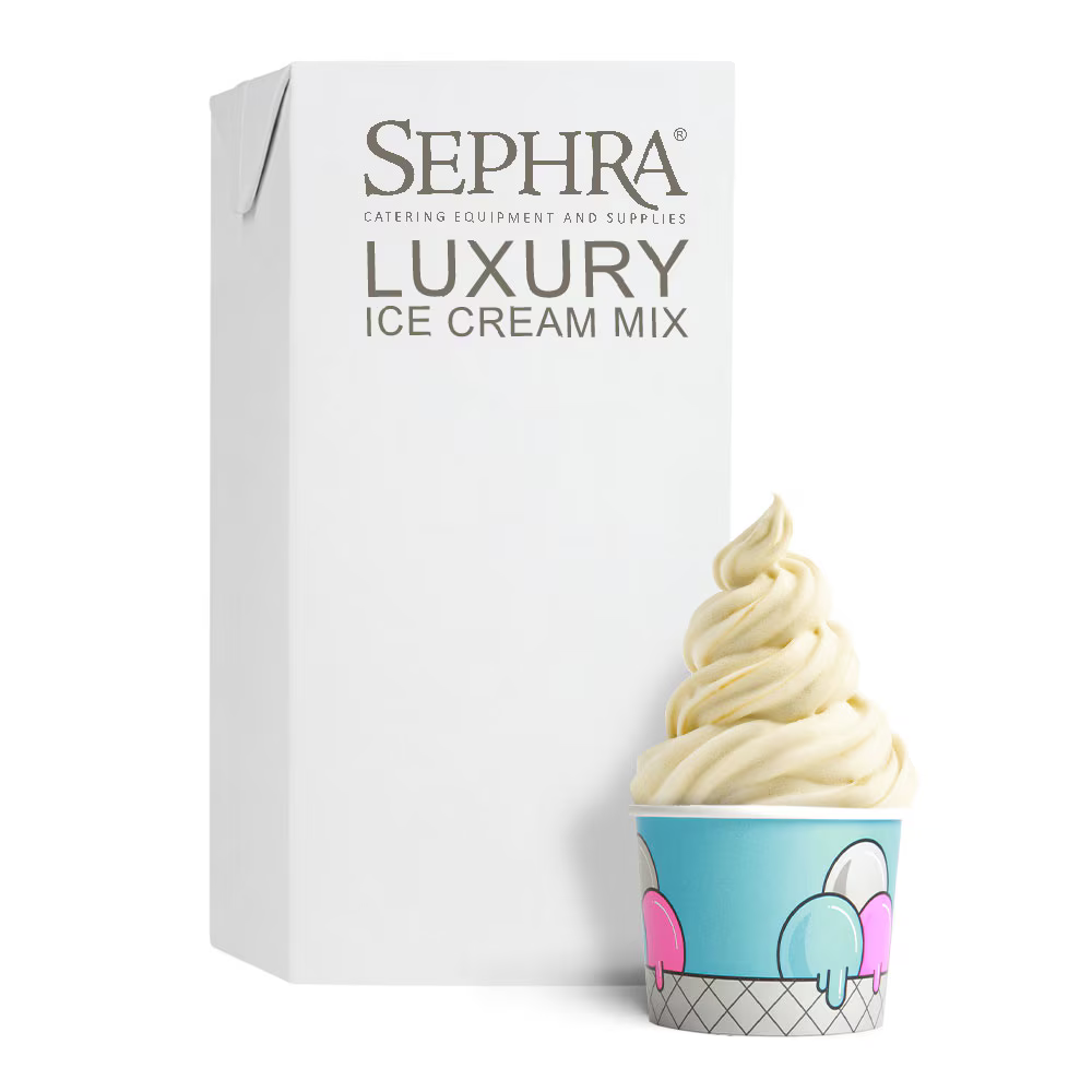 Sephra Luxury Soft Serve Ice Cream Mix 12 × 1L cartons, made with 100% Jersey Cream, premium gluten-free soft serve mix for rich and creamy desserts.