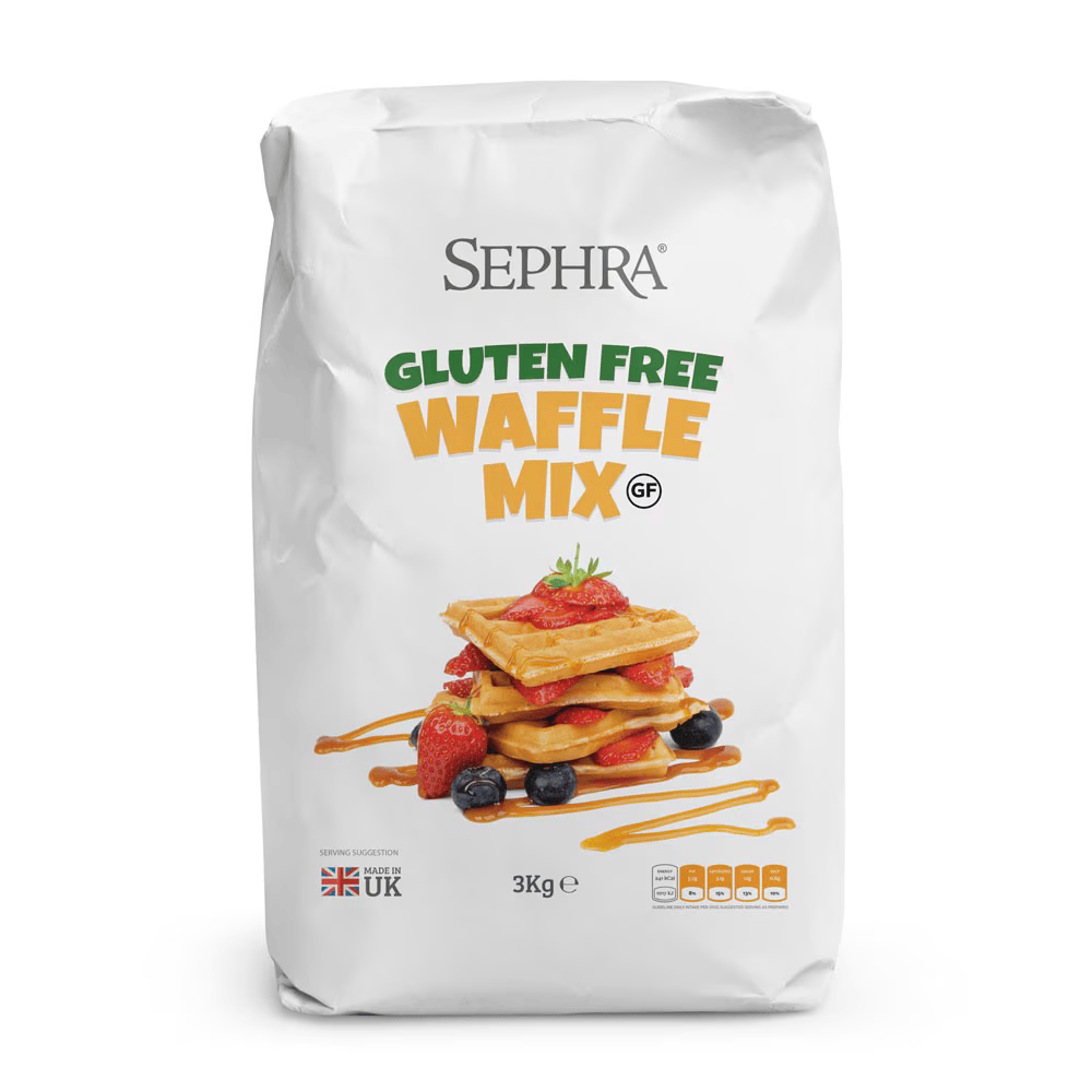A white 3kg bag of Sephra Gluten Free Waffle Mix featuring an image of stacked waffles topped with strawberries, blueberries, and syrup. The packaging shows the text "GLUTEN FREE WAFFLE MIX" in green and orange letters, includes a "Made in UK" label, and has nutritional icons at the bottom.