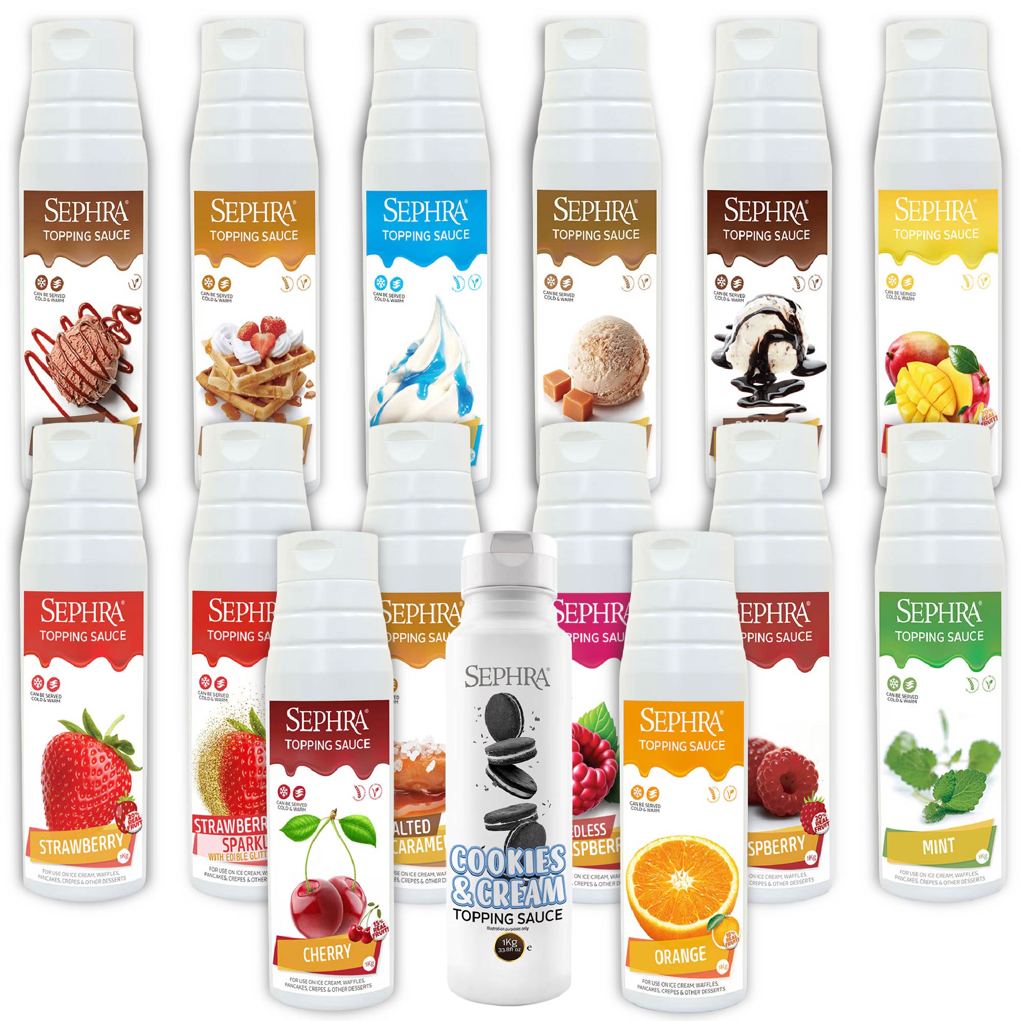 The image shows a collection of Sephra Topping Sauce bottles. Each bottle is labeled with a flavor, such as chocolate, strawberry, cherry, orange, mint, salted caramel, cookies & cream, raspberry, and more. The bottles are arranged in a grid, displaying various flavors, with the brand "Sephra" prominently on each label. The sauces are typically used as toppings for desserts, including ice cream, waffles, and other sweet treats.