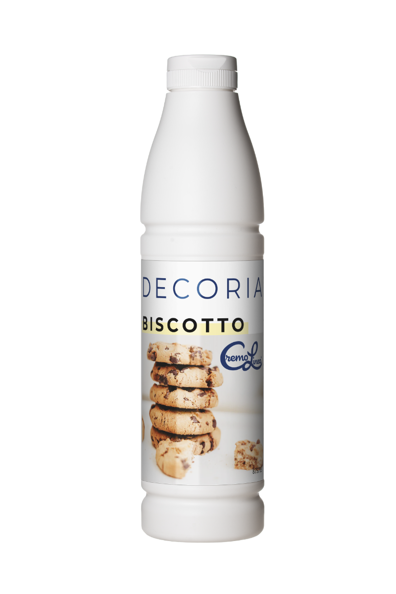 Decoria Biscotto Ripple Variegato Sauce 0.8kg bottle dessert topping for ice cream, gelato, shakes, and bakery fillings.