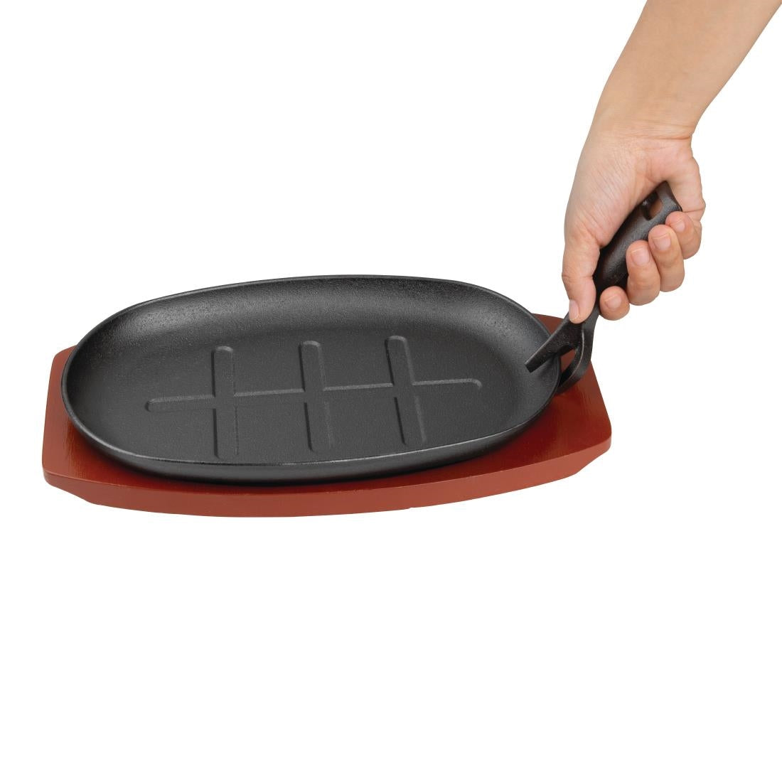 Olympia Cast Iron Oval Sizzler with Wooden Stand 28cm