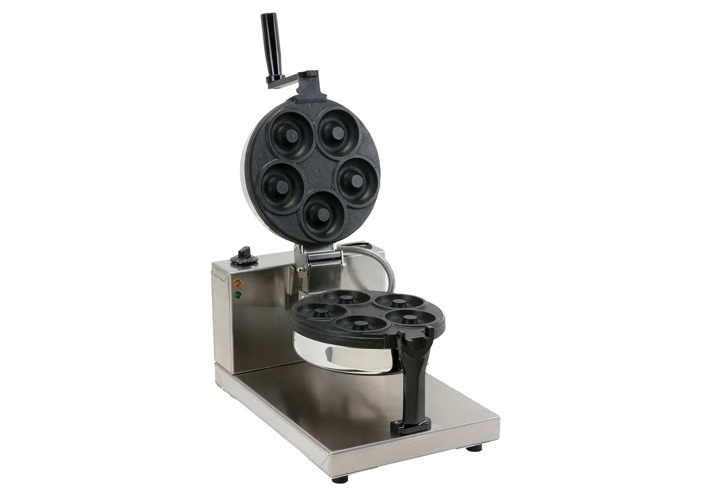 Cialderia Donuts machine by Techfood, a stainless steel countertop donut maker with digital timer and non-stick Teflon plate, ideal for bars, hotels, and pastry shops to serve fresh, smoke-free donuts.