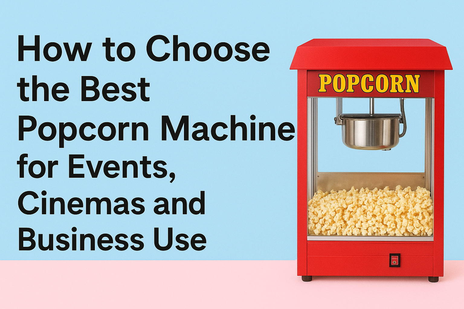 a red popcorn machine with the text How to choose the best popcorn machine for events, cinemas and business use, next to it
