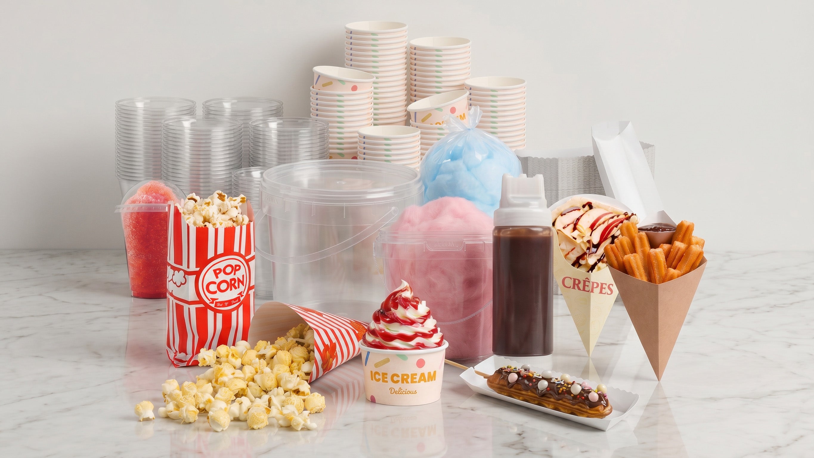 Dexlo popcorn tubs, candy floss sticks, cups and nacho trays across a table