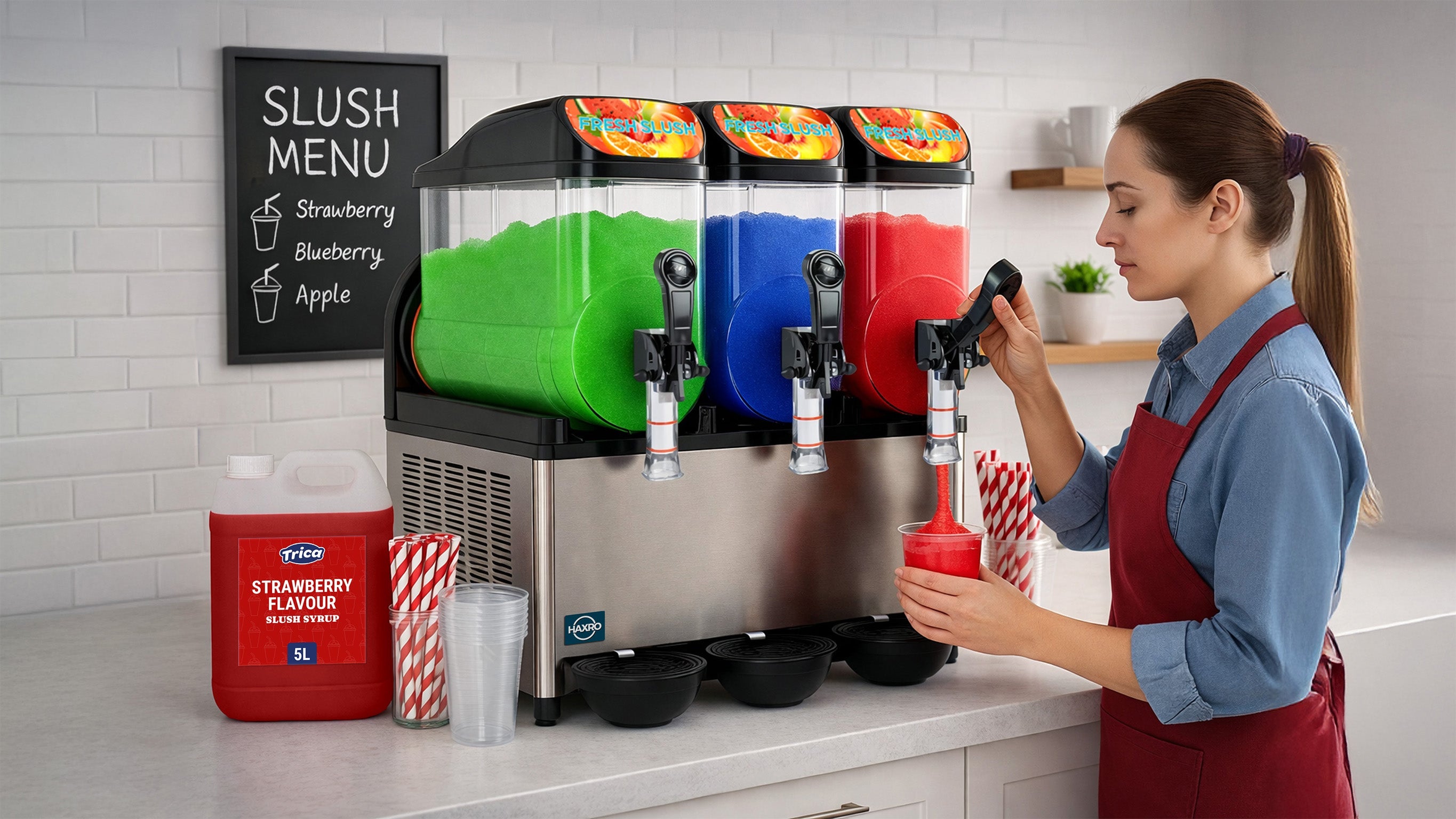 Haxro Slush machine set up on a counter top with someone using it. There slush machine has 3 bowls, with a green, blue and red flavour.