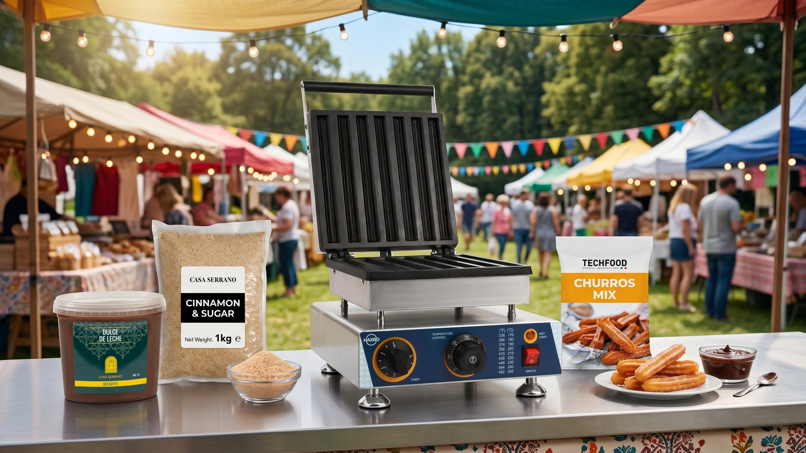 haxro churros maker, techfood crepe mix, and churros toppings lined up on an events stool.