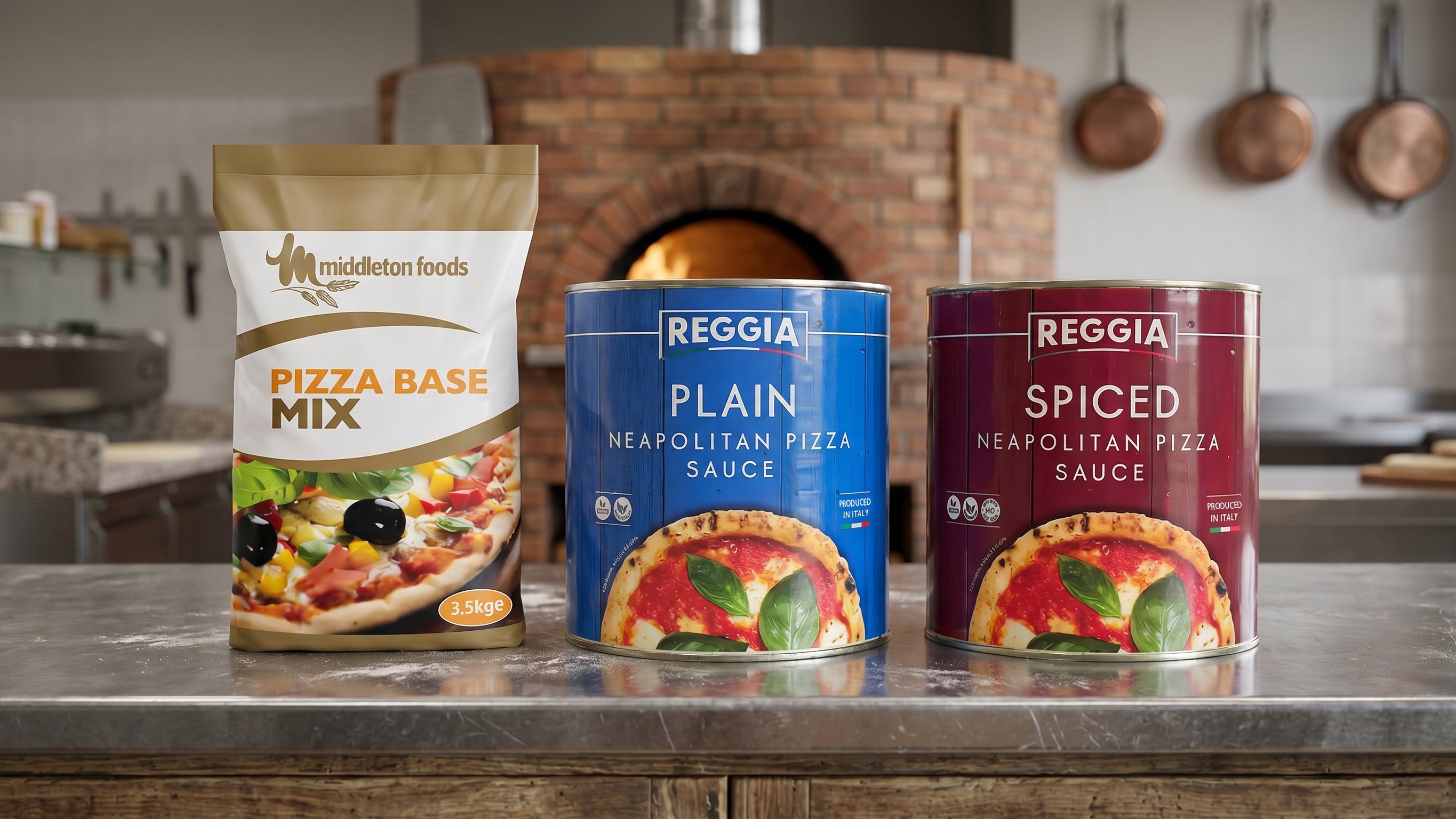 Middleton Foods Pizza base Mix and Reggia plain and spice pizza sauce, displayed in front of a pizza oven