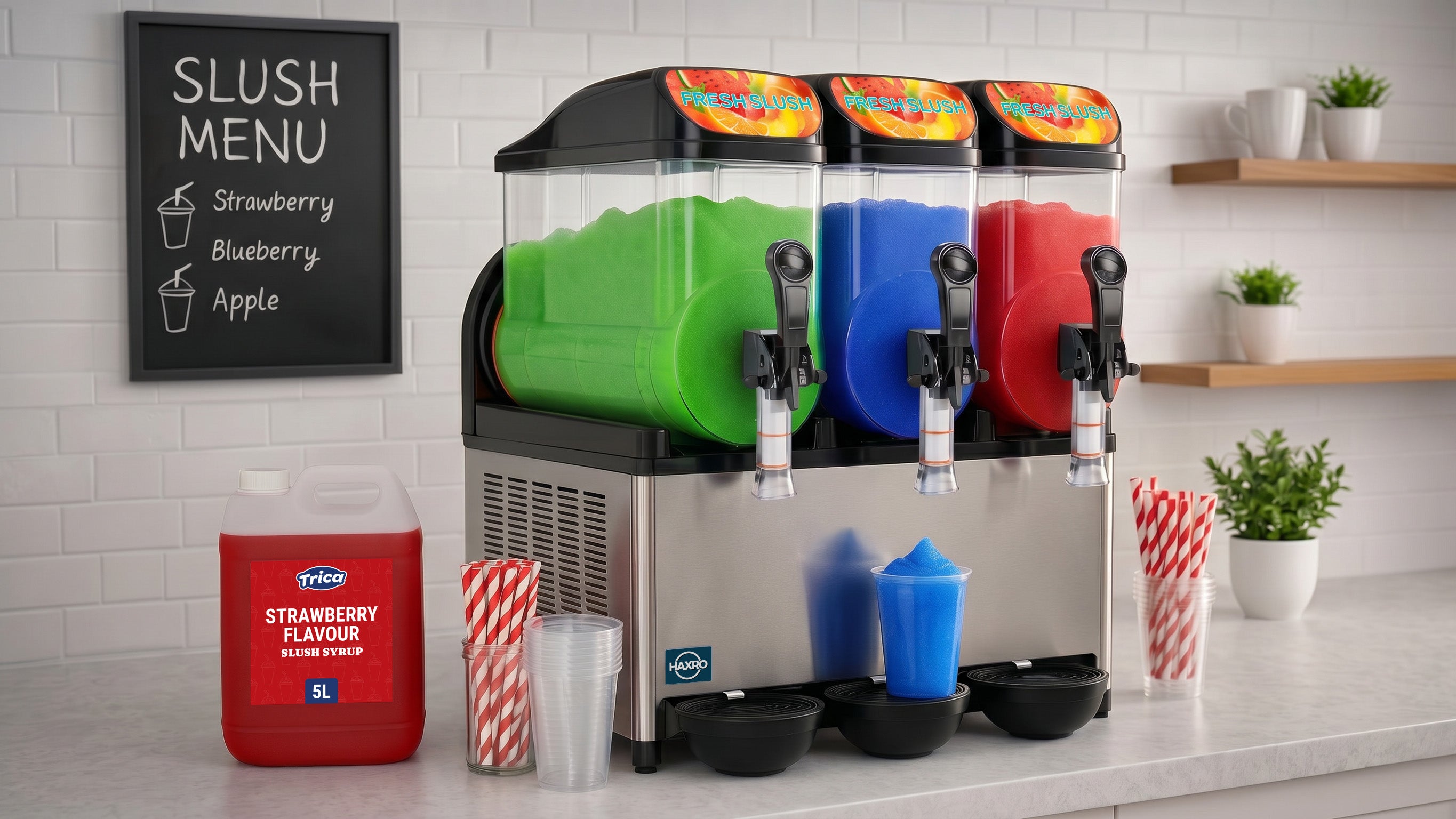 3 barrel slush machine, each with different flavours and a cup of all 3 flavours layered on top of each other in front of it.
