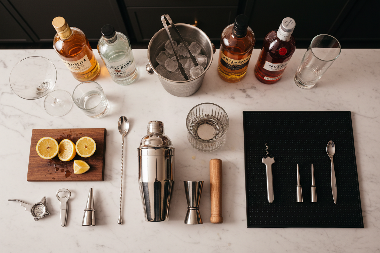 Bar Supplies such as a spirit pourer, shaker and bar spoon located on top of a marble work surface