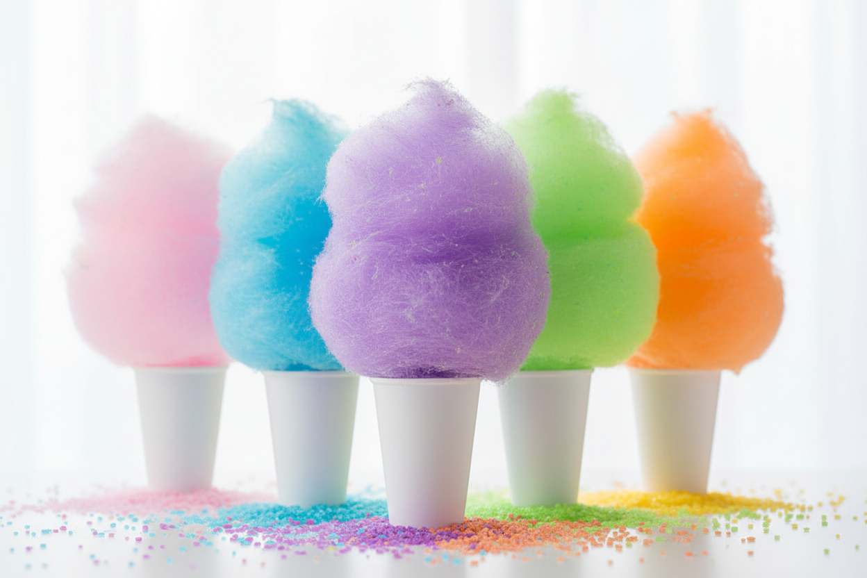 5 candy floss cups holding candy floss all different vibrant colours