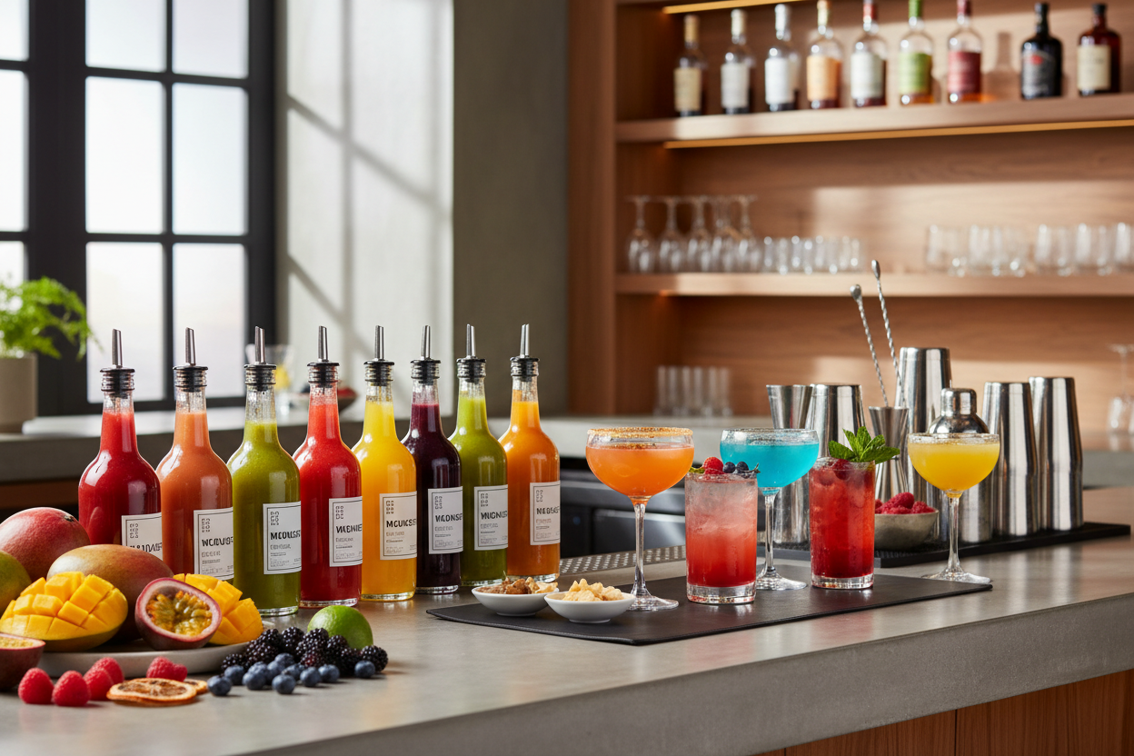 Colourful cocktails and cocktail mixes lined up on a modern kitchen bar.