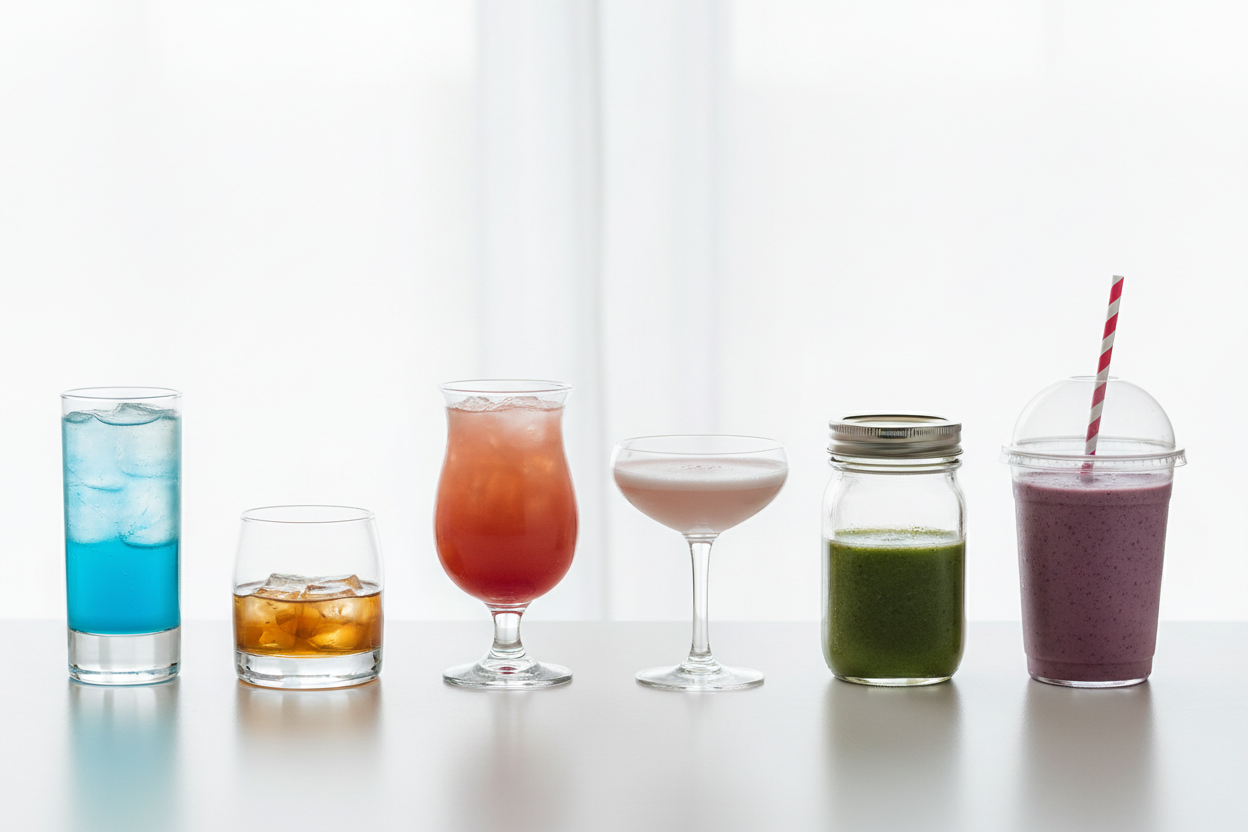 line of multiple different cup sizes with different styles of drinks in them