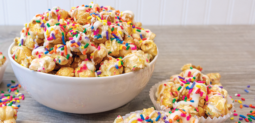 bowl of popcorn with colourful toppings